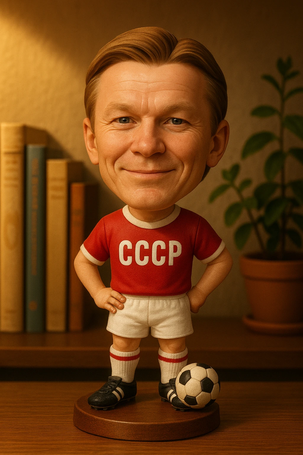 Молодой Олег Блохин в форме сборной СССР 1975 года смотрит на прямо на зрителя и слегка улыбается, освещение с левой верхней стороны кадра emoji