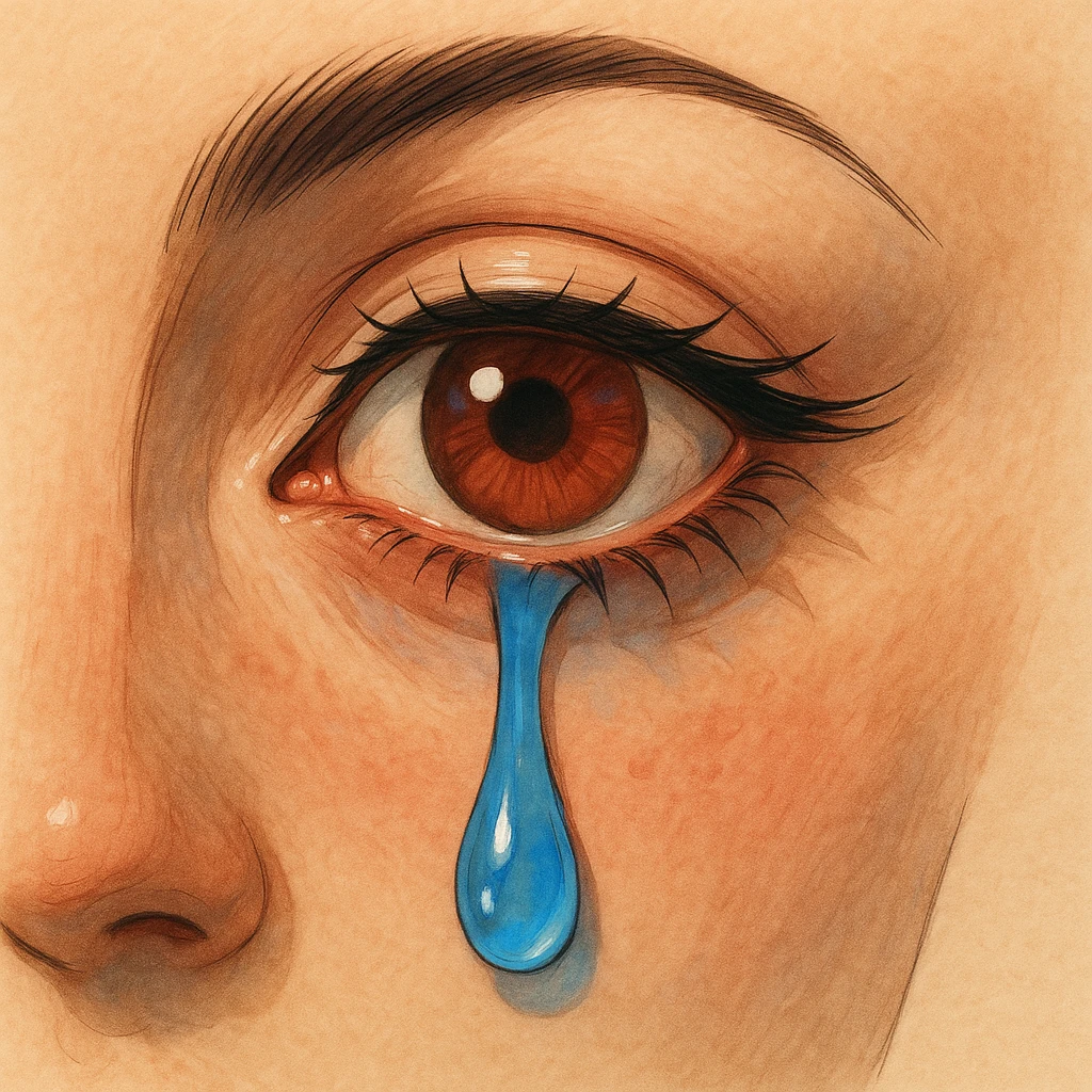 Illustration of a crying female eye with clear contours, shadows, and highlights. The skin around the eye is beige, the iris is brown-red, and the tear is blue-light blue. Preserve expressiveness and detail in the illustration style. emoji