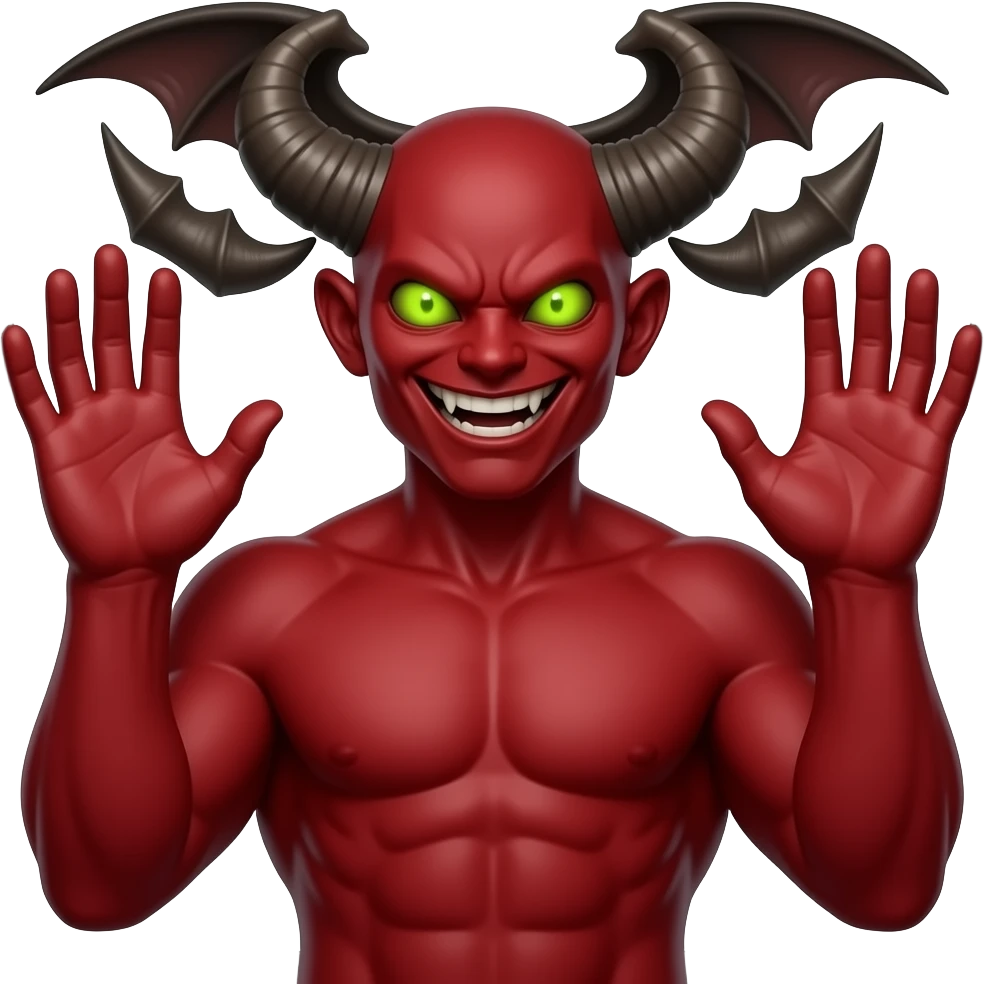 “Red devil, muscular torso, horns, glowing eyes, evil grin, both hands raised, open palms up, symmetrical, dark background, high detail” emoji