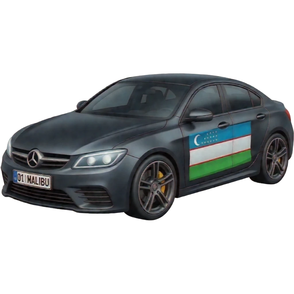 A realistic icon emoji of a metallic black Spark, front wheels steered to the left, dark charcoal tint windows, black alloy 5-spoke rims, Dynamic white glow LED headlights with glowing effect, uzbekistan region flag, number texts "01 | MALIBU" in plate emoji