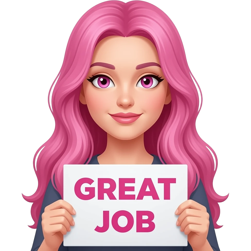 sexy girl with long pink hair and pink eyes wearing a holding a GREAT JOB sign emoji