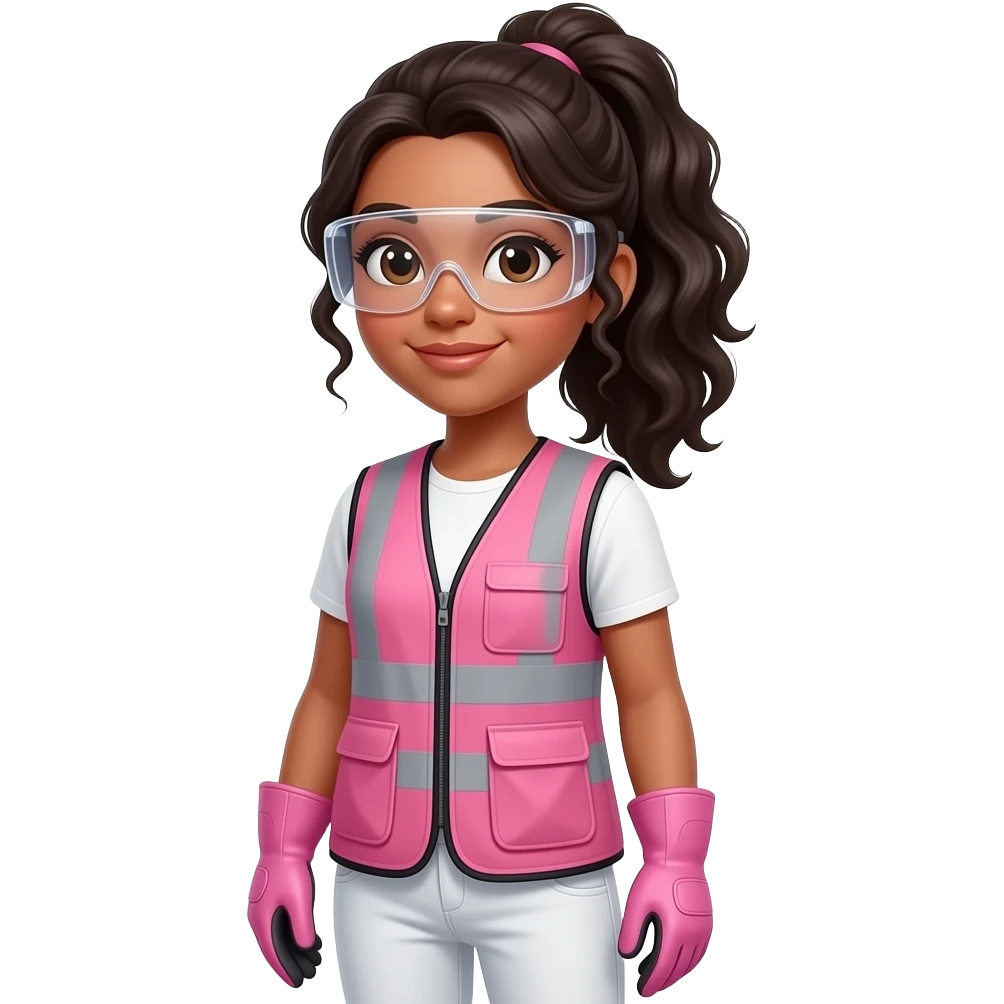 White woman with brown eyes with long curly black hair with ponytail in hair wearing pink and clear safety glasses wearing a pink construction vest wearing white pans wearing pink construction vest wearing white pants wearing pink construction gloves emoji
