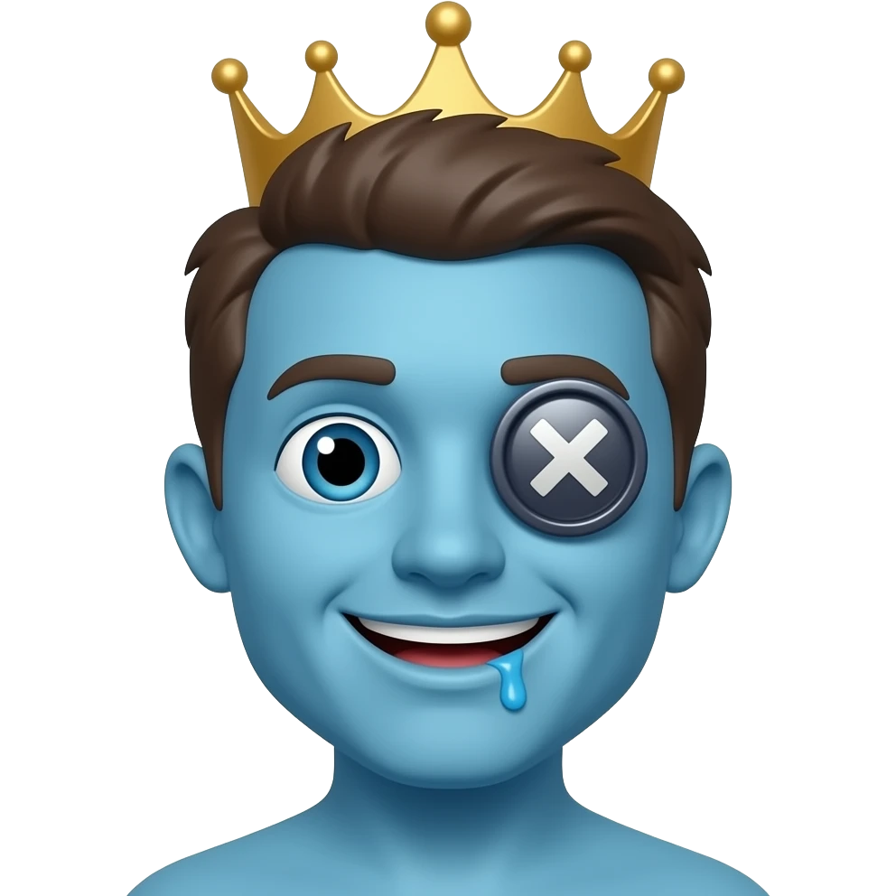 A blue guy with a  button  that has an x on it for his right eye he’s smiling and drooling and he has a crown emoji
