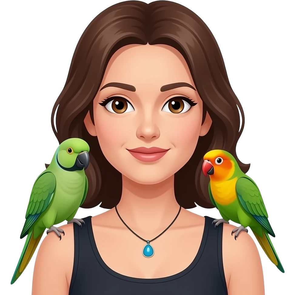 green indian ring neck parrot on a brown haired womans shoulder with a sun conure parrot with all green wings on her other shoulder the woman is wearing a necklace emoji