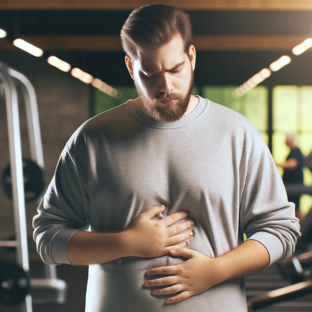 UOMO IN PALESTRA LEGGERMENTE SOVRAPPESO, SI TOCCA LA PANCIA CON ESPRESSIONE DISPIACIUTA IN VOLTO, iperrealistico 4k emoji