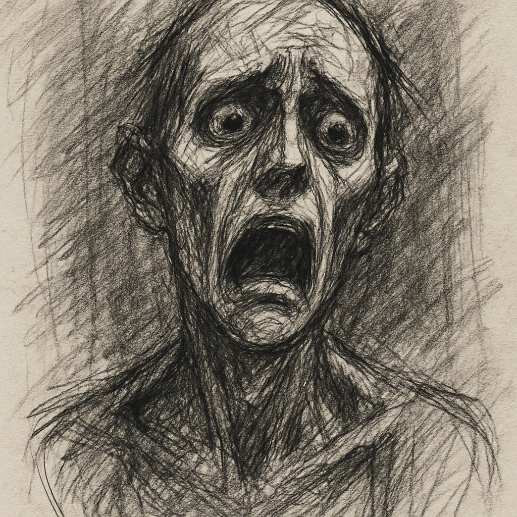 abject fear and misery, dread, black and white sketch, gaunt face, hollow eyes, dramatic shading emoji
