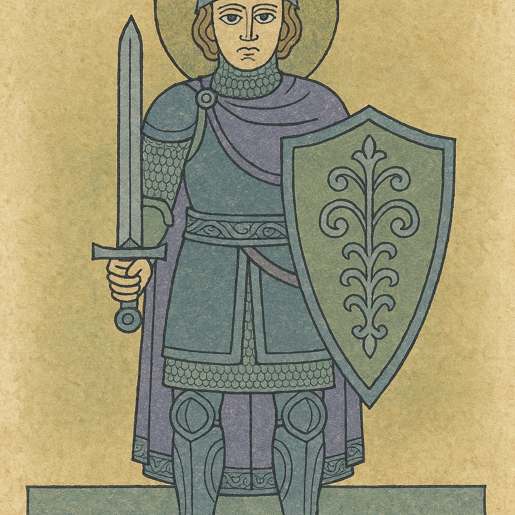 warrior RPG class, full body, heavy armor, shield and sword, stoic expression, muted colors, medieval style emoji