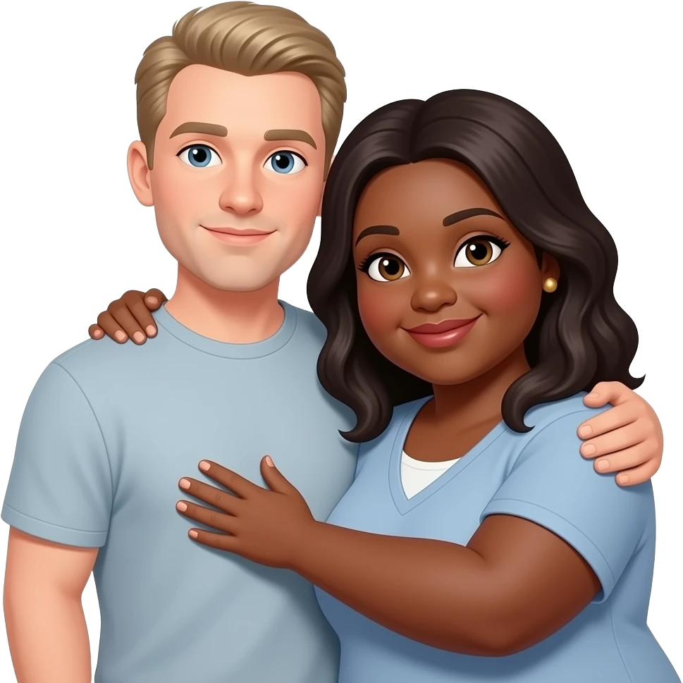 Plus sized Black woman with dark hair, hugging white man medium build with medium light hair emoji