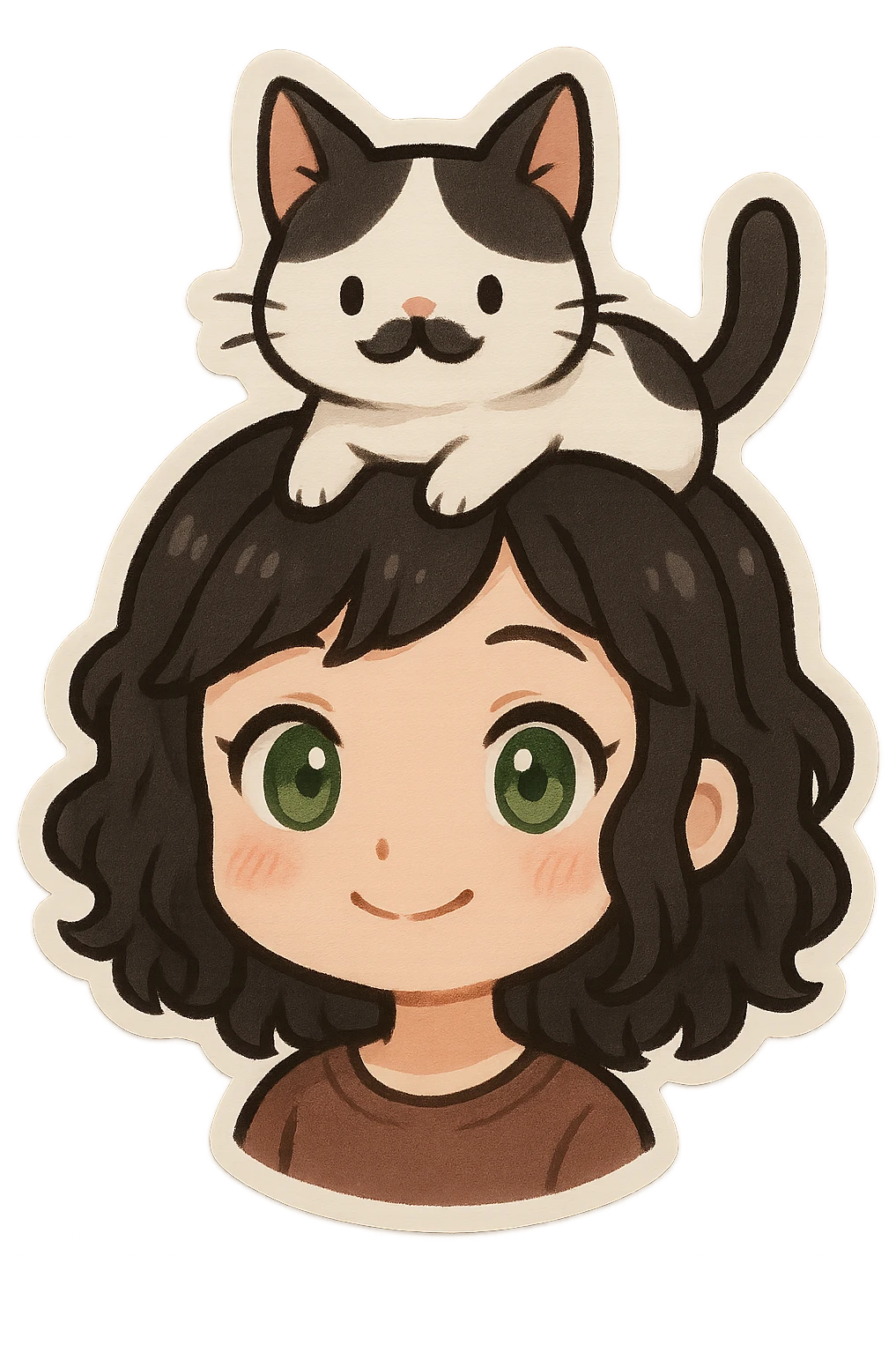 portrait of a white girl with medium-length black curly hair and green eyes, friendly expression, with a white and black cat standing on her head, the cat has a distinctive black stain under its nose resembling a mustache, cute and whimsical style emoji