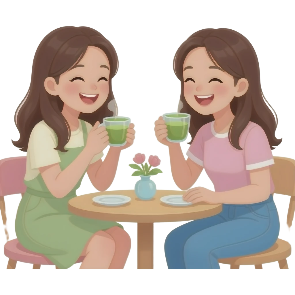 two girlfriends having a date drinking matcha emoji