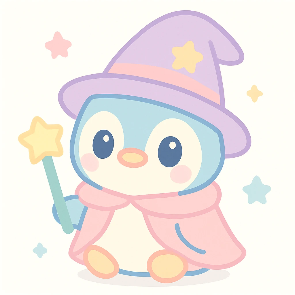 {
  "style_description": {
    "overall_look": "Cute, minimal, and soft with a friendly and playful tone",
    "material_simulation": {
      "primary_material": "flat digital color",
      "texture_detail": "smooth surfaces with no texture or shading",
      "pattern": "none or very simple decorative accents (e.g., hearts, stars)"
    },
    "geometry": {
      "edge_style": "rounded, soft curves with no sharp angles",
      "dimensionality": "flat two-dimensional appearance with simple shapes"
    },
    "color_palette": {
      "scheme": "pastel and light tones",
      "preferred_colors": ["pink", "mint", "lavender", "baby blue", "peach"],
      "contrast": "low contrast with bright accents"
    },
    "facial_features": {
      "eyes": "large, sparkly, often oval or circular",
      "mouth": "small, often a simple curve or dot",
      "expression": "joyful, innocent, or calm"
    },
    "lighting": {
      "type": "none or implied with soft highlights",
      "purpose": "maintain a clean and cheerful look"
    },
    "render_constraints": {
      "avoid": ["realistic shading", "high detail", "dark themes", "texture noise"],
      "focus_on": ["cute expression", "iconic simplicity", "emotional warmth"]
    },
    "background": {
      "color": "white or soft pastel",
      "style": "plain or patterned with simple icons (e.g., polka dots, stars)",
      "lighting_consistency": "no shadows, evenly lit feel"
    }
  }
}

{subject} = penguin wizard emoji