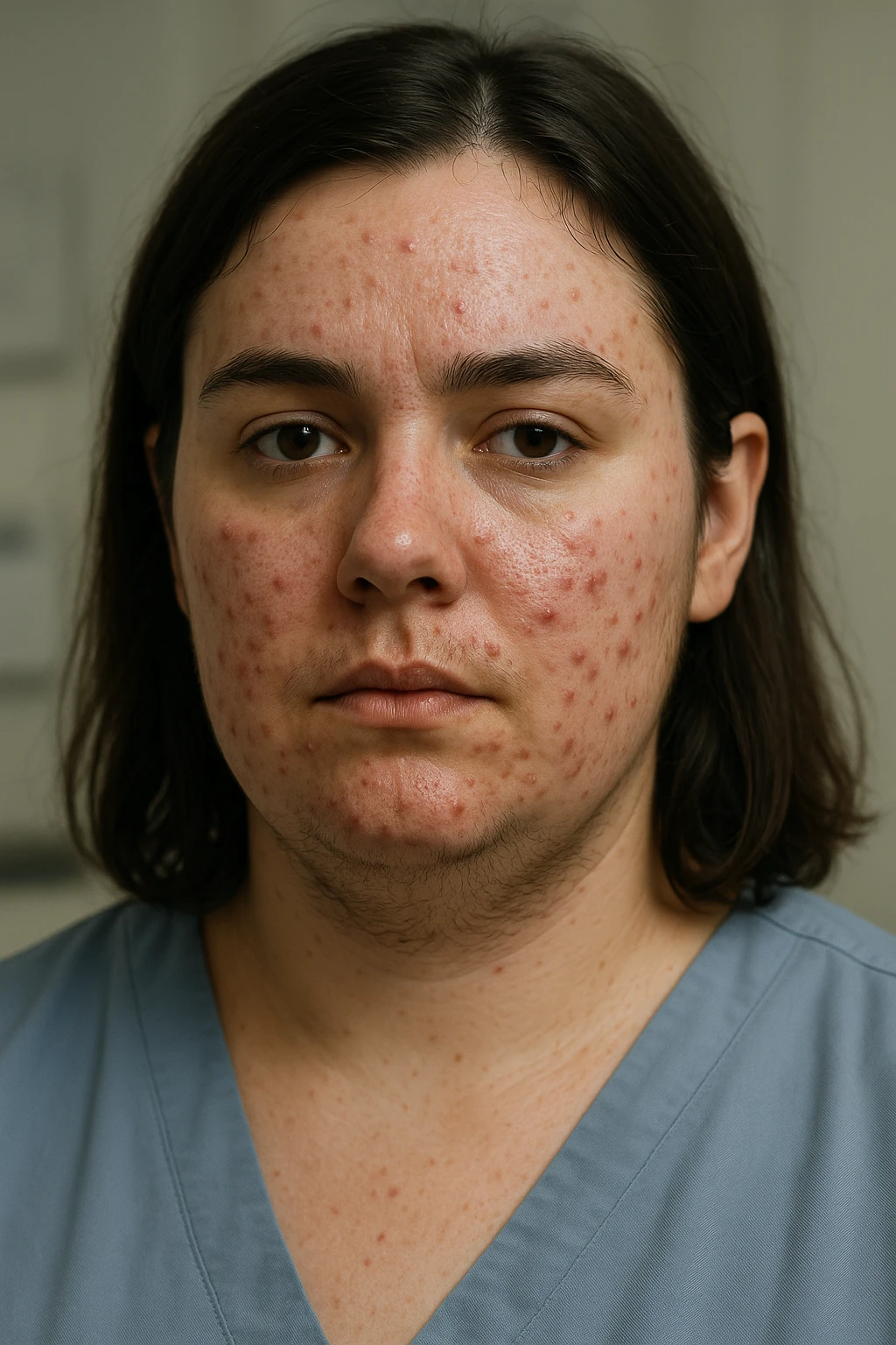 very realistic 3D medical portrait of a woman with PCOS, with acne and hair under chin, clinical details, professional atmosphere, 2:3 aspect ratio emoji