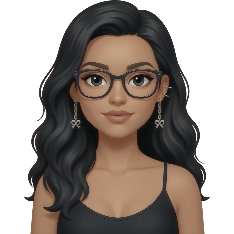 Cool girl in black, whole upper body in sitting state, long hair with volume , black eyes with small eye liner, with chain piercing earrings from helix to lobes (that has skeletons looking like crossing) and glasses emoji