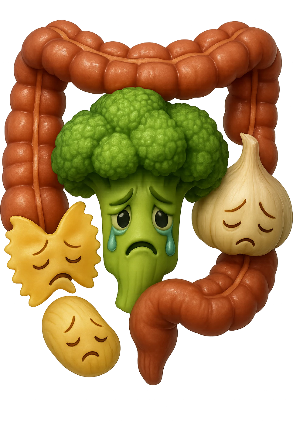 EMOJI STILE IPHONE DI broccolo, pasta, aglio con espressione triste, avvolti da pezzi di colon anatomico umano, IPERREALISTICO 4K emoji