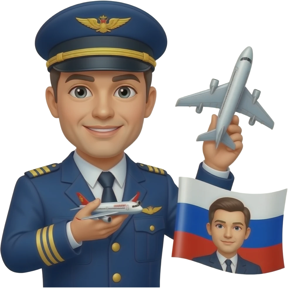 Cargo pilot with china airplane in one hand. Turn this plane on other hand and put in other hand planed with russian flag on it emoji