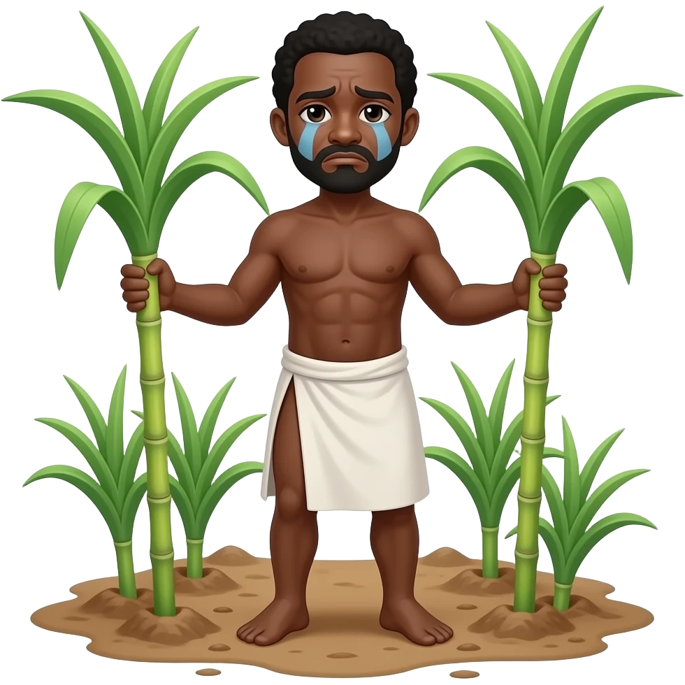 black slave with sad face standing wearing only a white bottom cultivating sugar cane emoji