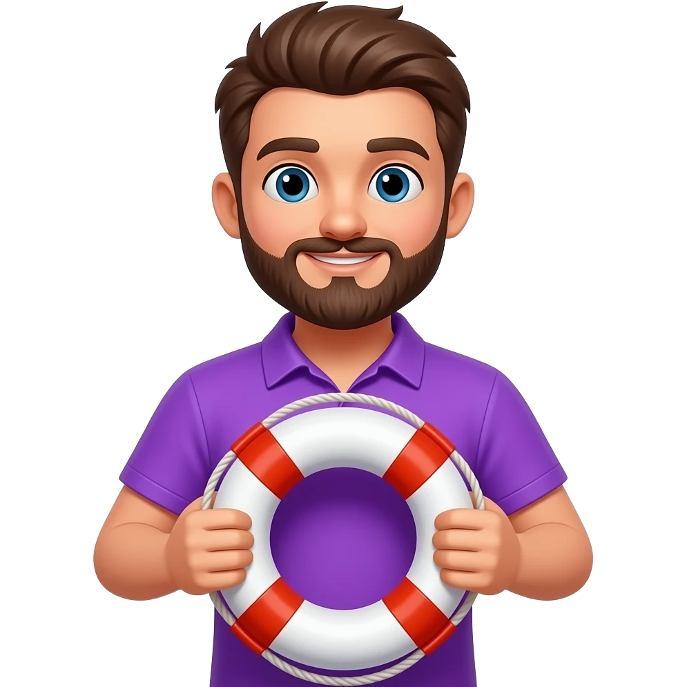 a boy in vibrant purple shirt with beared hold a life preserver with two hands emoji