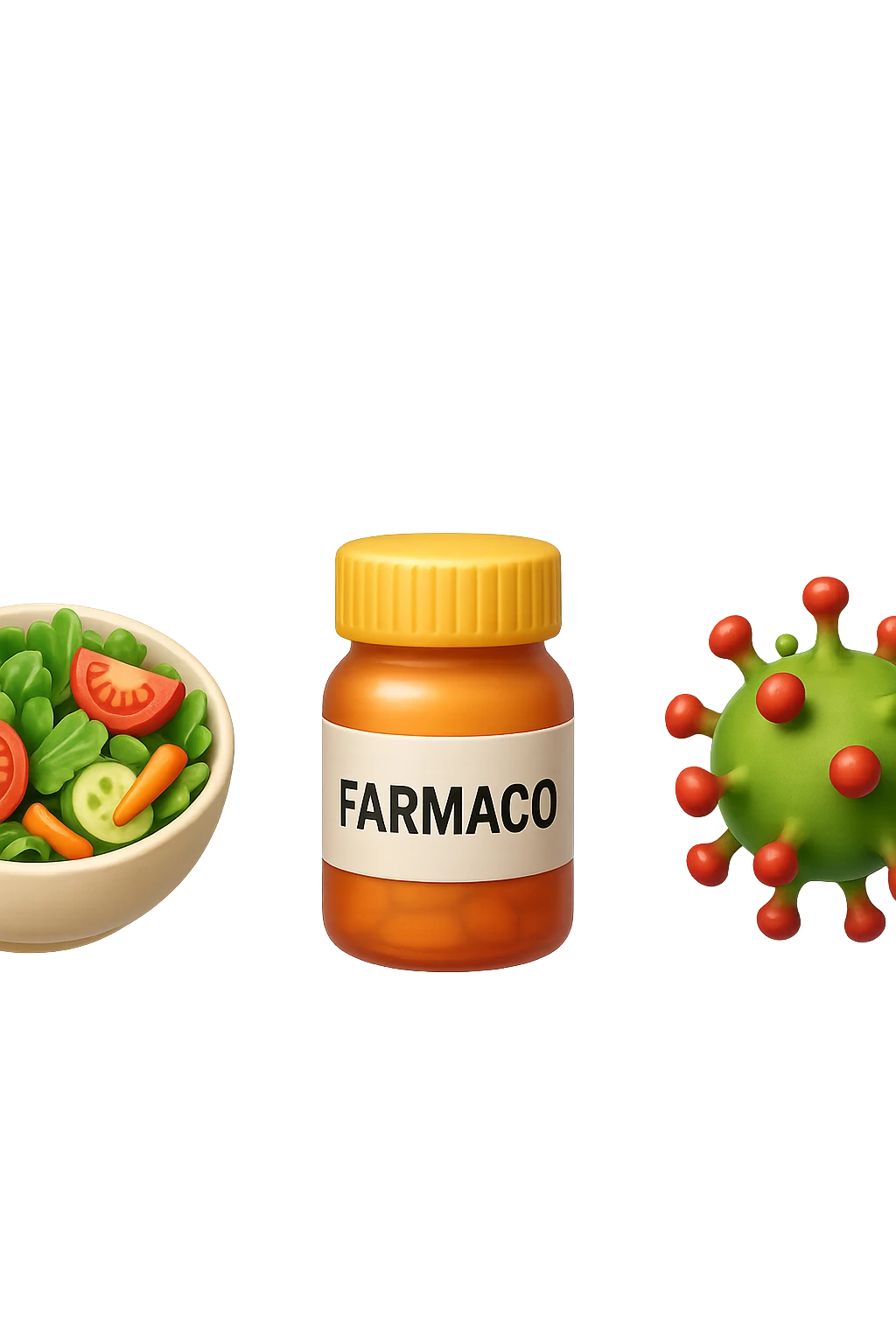 EMOJI STILE IPHONE DI una bowl di insalata, una boccetta di farmaco con la scritta "FARMACO" SULLA BOCCETTA E UN VIRUS, FLUTTUANO IN ARIA, IPERREALISTICO 4K emoji