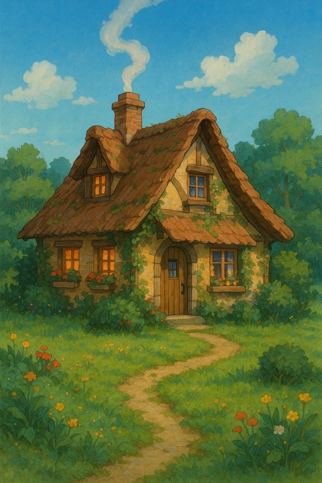 a cozy cottage with smoke curling from the chimney, ghibli style emoji