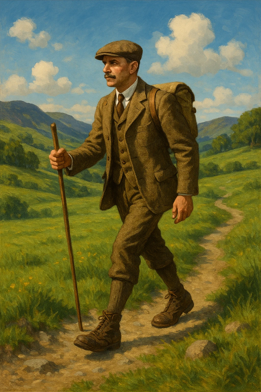 a gentleman hiking, wearing classic outdoor attire, in a scenic landscape emoji
