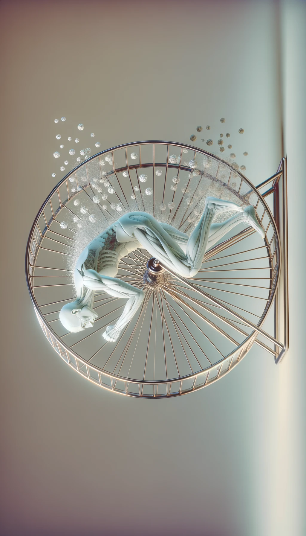 corpo umano anatomico che corre sulla ruota come se fosse un criceto stressato, sfondo chiaro, iperrealistica 4k emoji