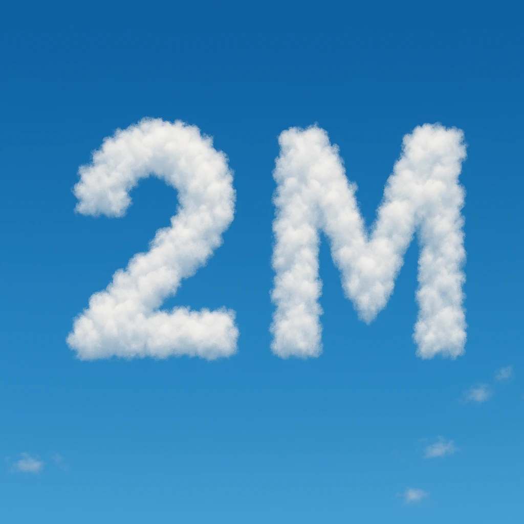 The number two and the letter M in a cloud formation, fluffy and white emoji