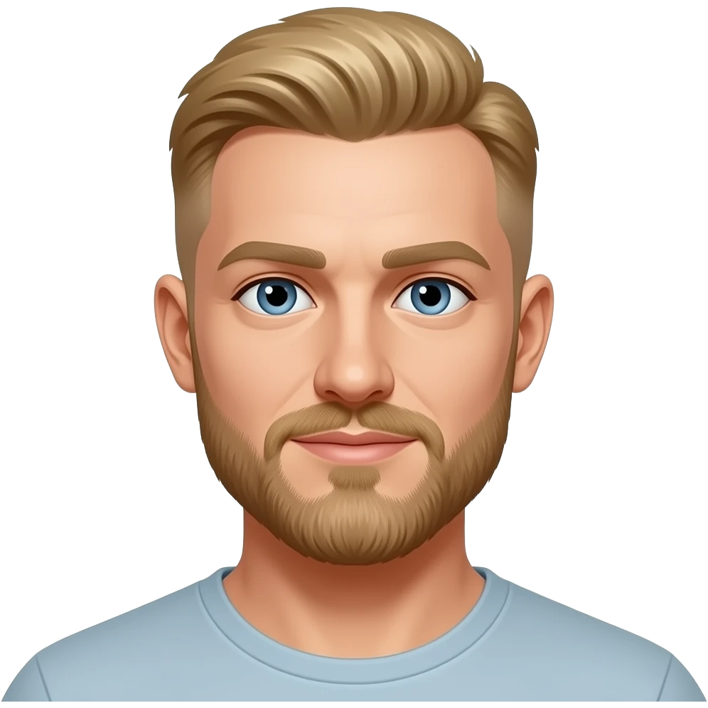 shaved head, blonde man, with beard and blue eyes emoji