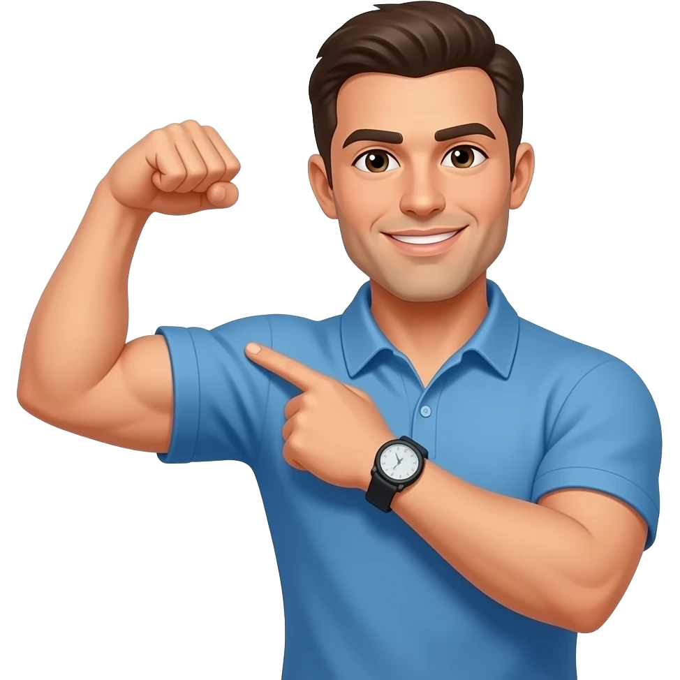 coach in a blue shirt making a bicep and touching shoulder with finger tips emoji