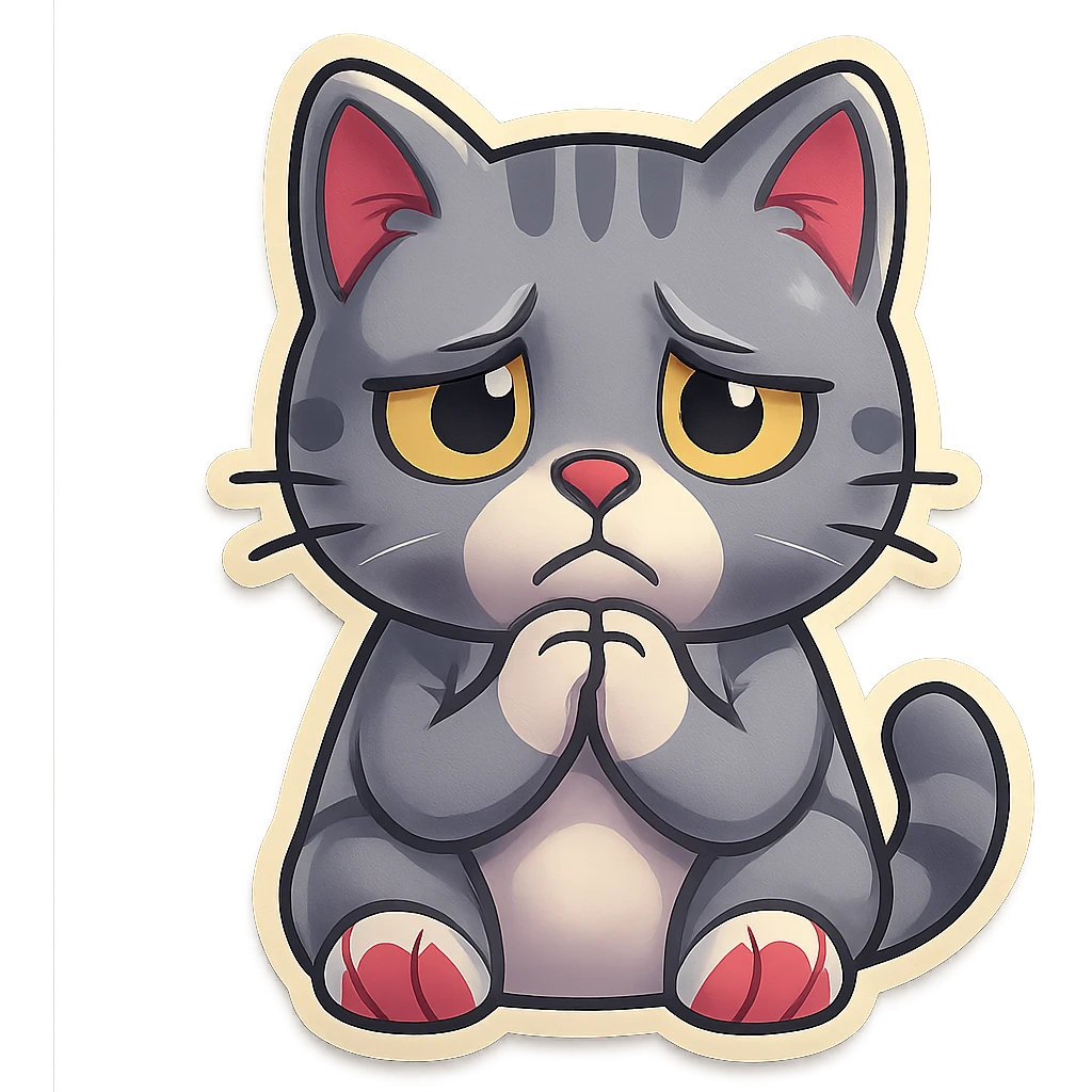 Bring the cat's paws up so they are touching each other just below the chin. Make the face look even sadder, with more expressive disappointment. Keep the style and transparent background. emoji