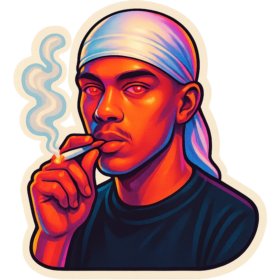 Red eyeds
Smoking
Change His durag To white emoji