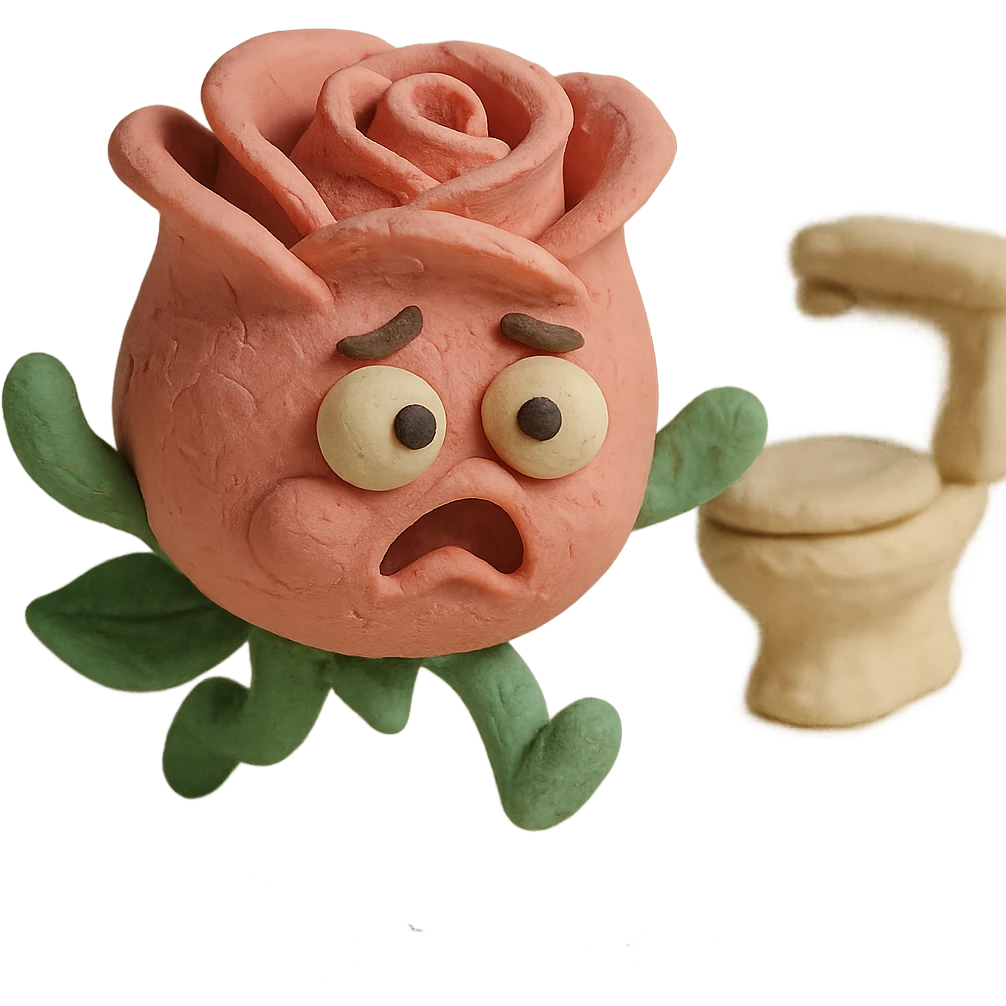 soft pink rose flower character in claymation style with puffed cheeks, dark round eyes, round chubby body, curled rose petals on top, stubby green leaf arms and legs, pastel tones, chibi round shape, panicked expression with bulging eyes, flailing leaf arms, rushing to the bathroom emoji