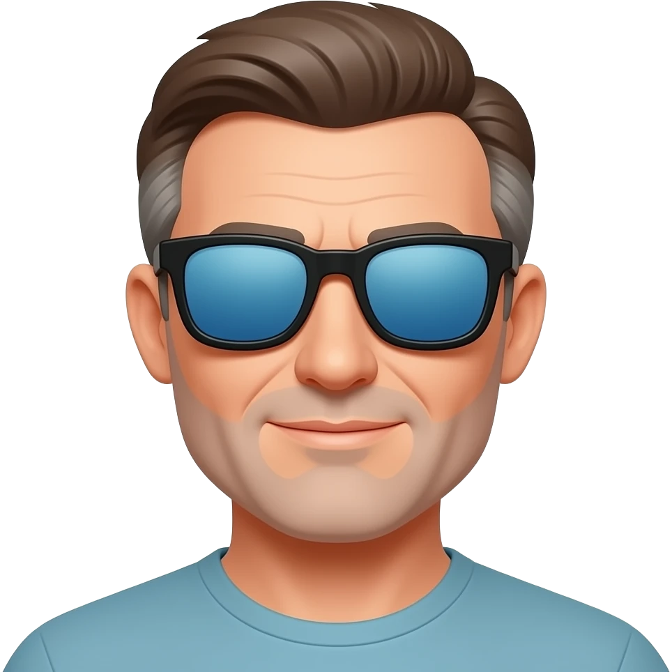 Hombre 63 años pelo marrón con canas gafas de sol cristales azules azules que no se vean  los ojos con montura negra y barba blanca muy corta emoji