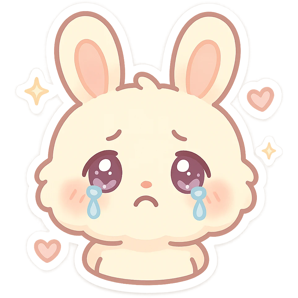 kawaii chibi-style bunny emoji with a round fluffy face, sparkly eyes, blushing cheeks, pastel color palette, sad mood, soft rounded design, anime-style, sparkles and hearts, vector art emoji