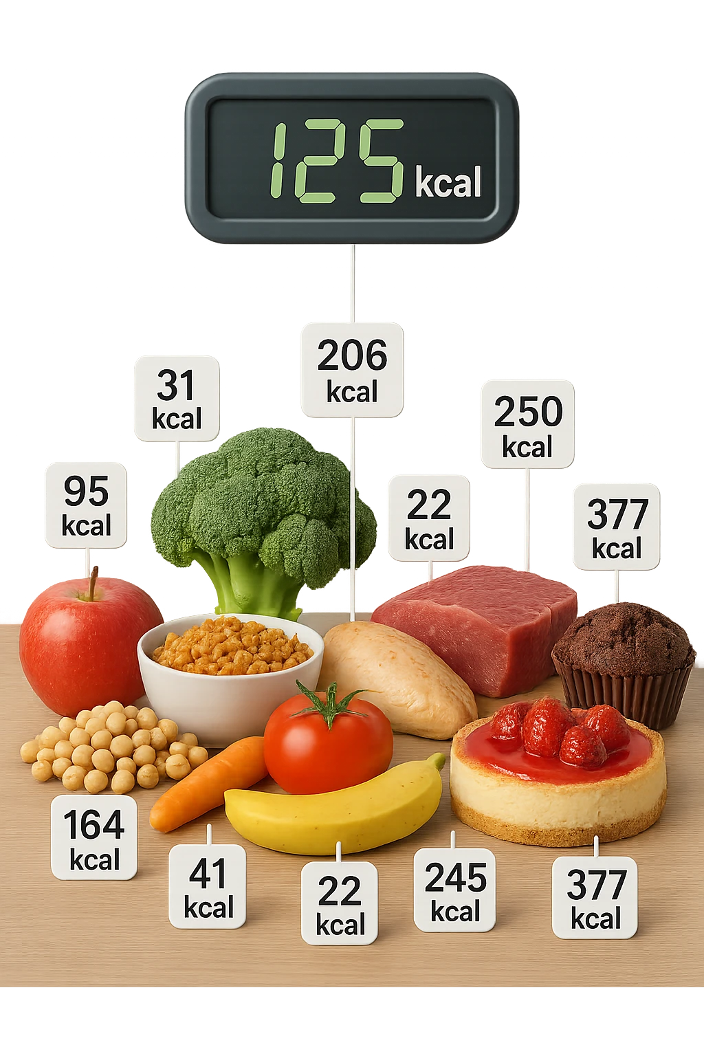 a digital calorie counter hovers above a variety of foods arranged on a table—fruits, vegetables, grains, meats, and desserts. Each food has a floating label showing its calorie content. The background is clean and modern, emphasizing the educational aspect of calorie awareness. emoji
