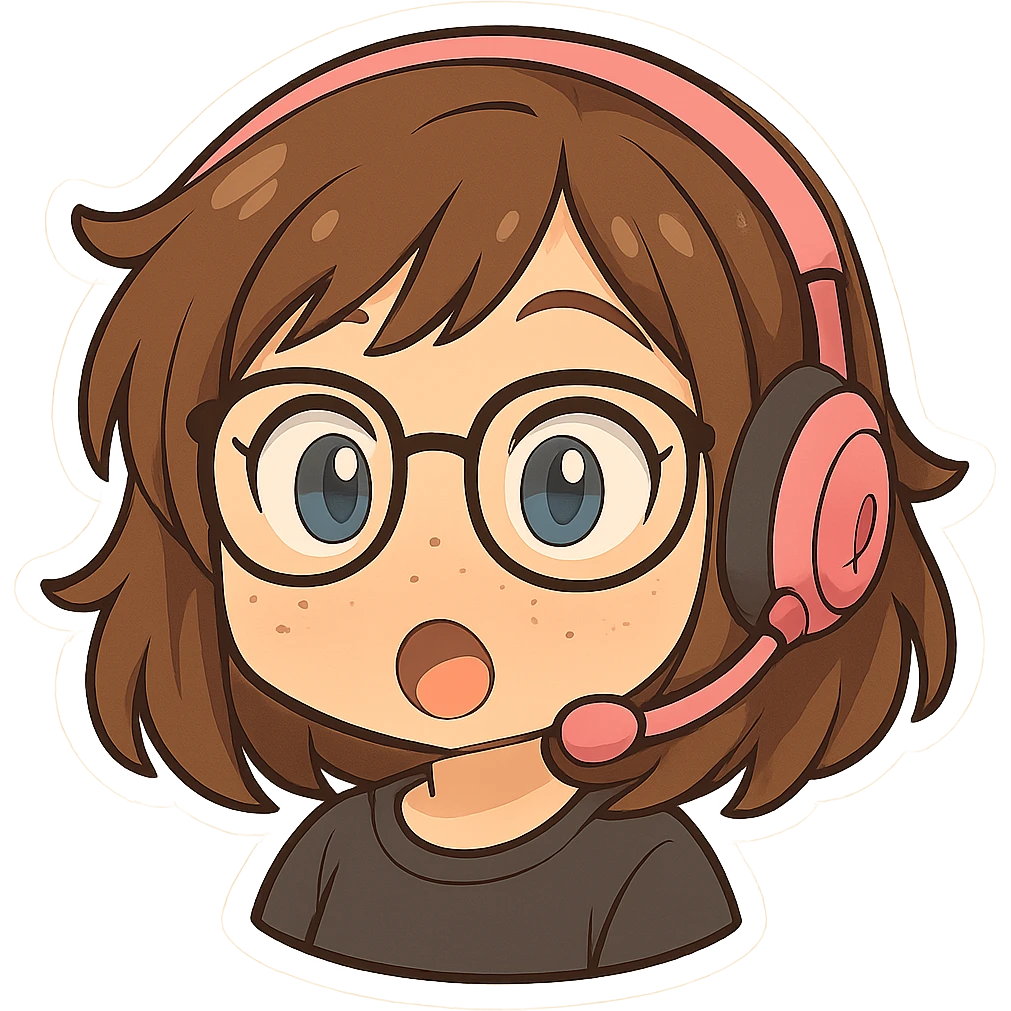 Chibi woman with shoulder length choppy brown hair, pink gaming headset, freckles, glasses, and blue eyes, surprised expression, chibi stickers style, no background. emoji