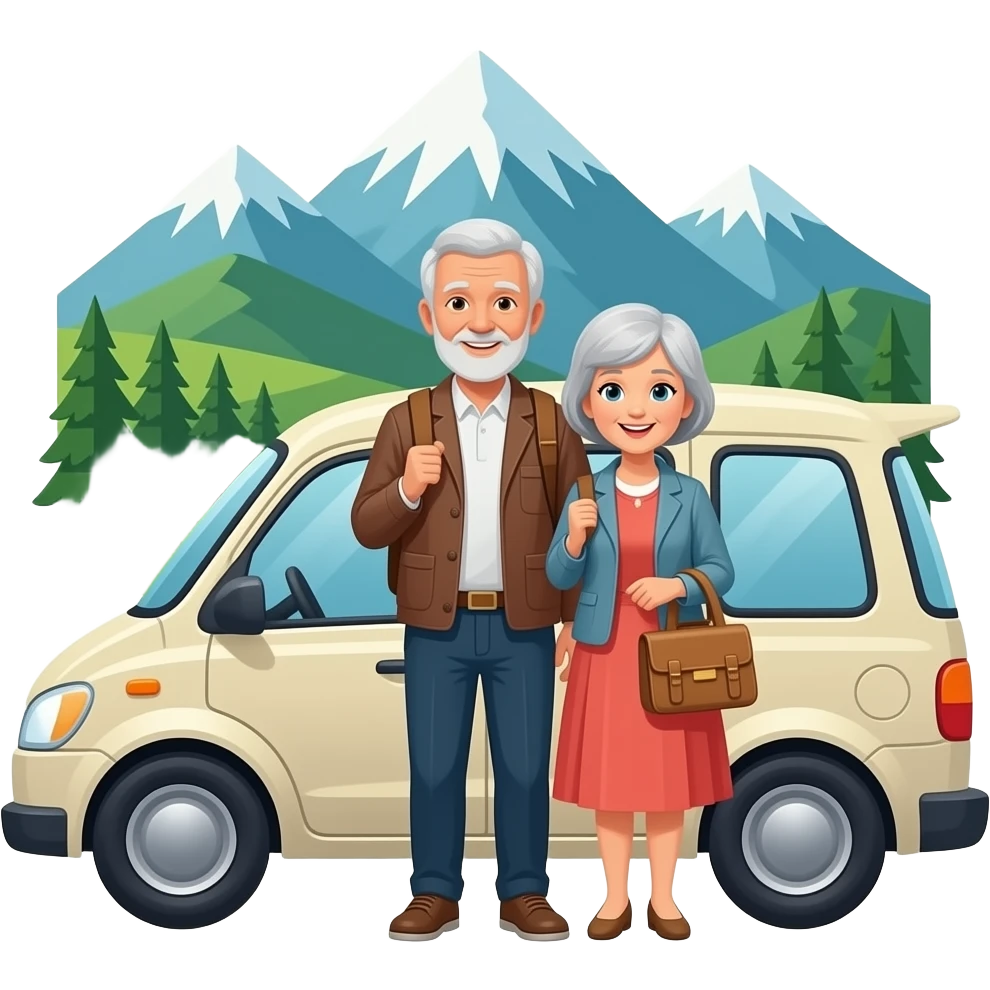 tee emoji jossa vanhempi pariskunta matkustaa matkailuajoneuvolla vuoristossa emoji