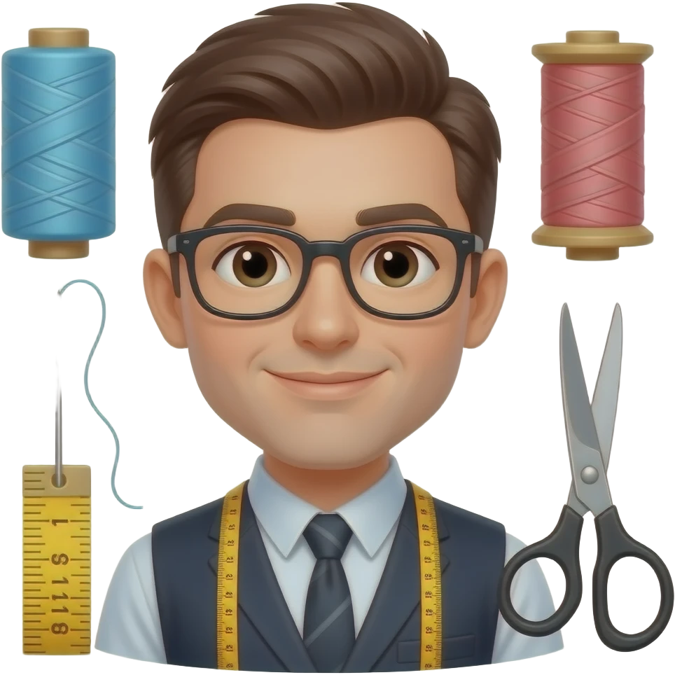 Elinde iğne ipliği mezurası ve makası olan, gözlüklü bir Terzi emojisi ios düzeninde yap emoji
