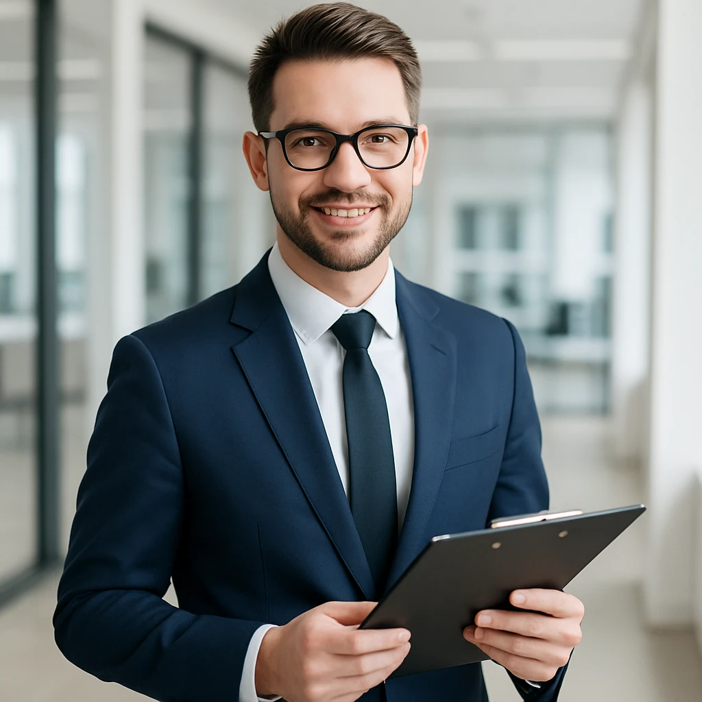 businessman with glasses holding a clipboard, neat hairstyle, modern office vibe emoji