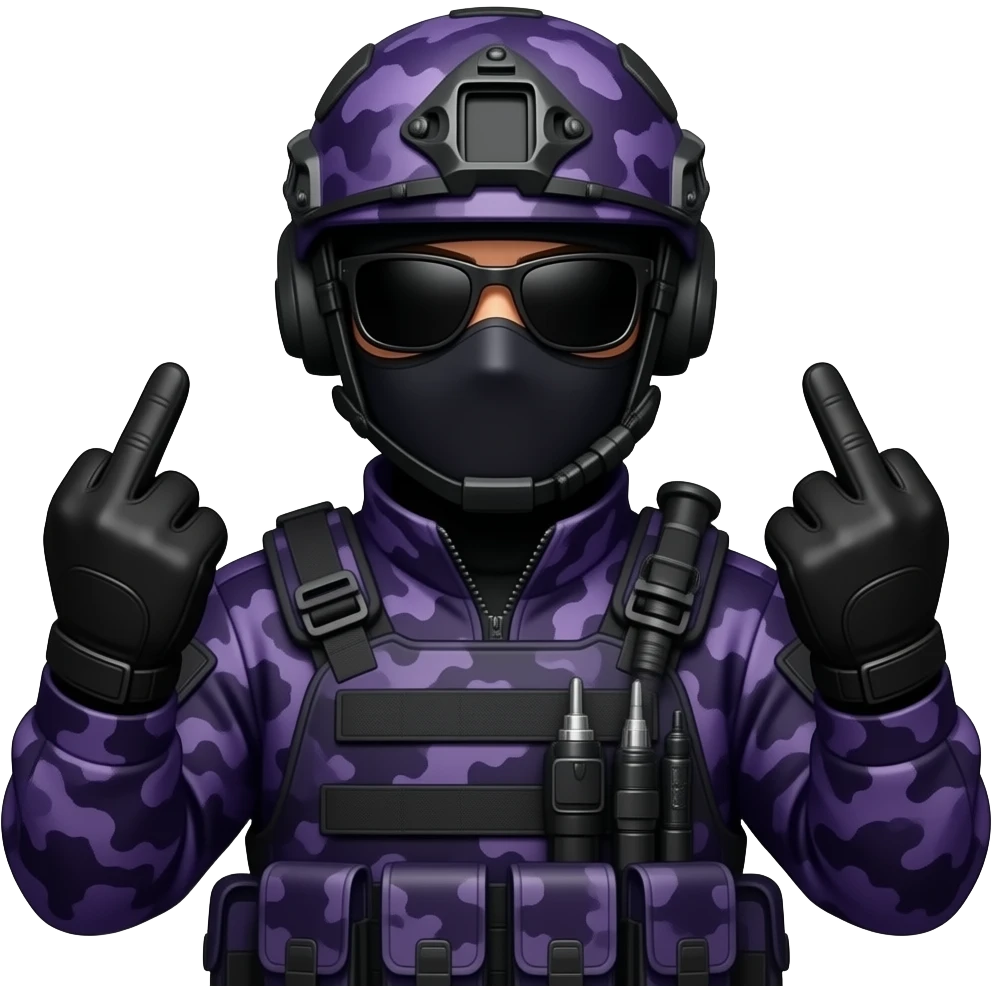Man in large black sungoggles dark purple camoflage tactical gear helmet and mask giving the finger two times in black gloves emoji