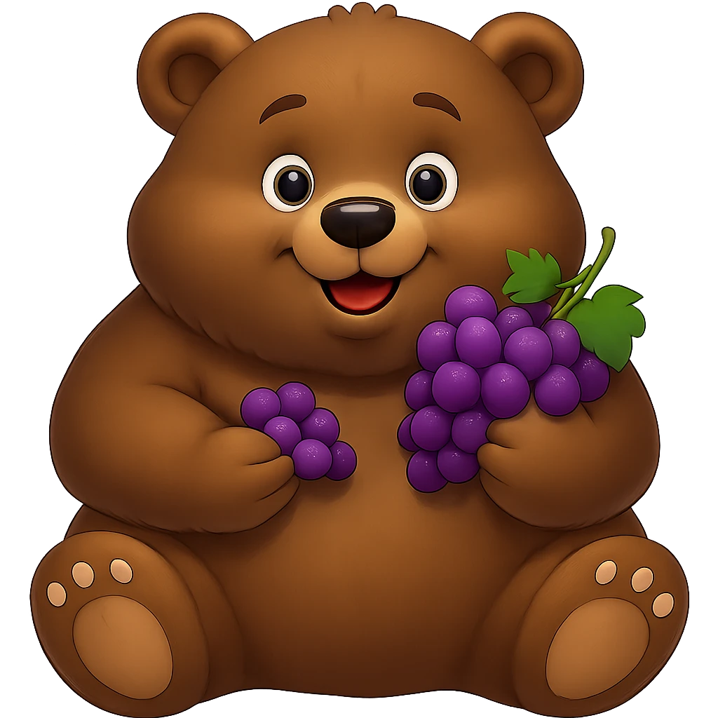 Make the grapes purple and the bear more chunky, keep no background. The style should be consistent with the original image's look. emoji