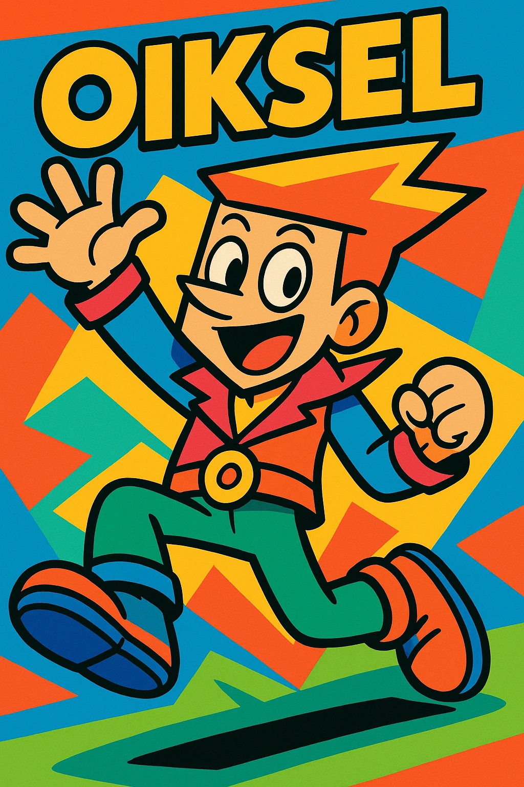 Oiksel, vibrant toon style, bold lines, energetic pose, colorful outfit emoji