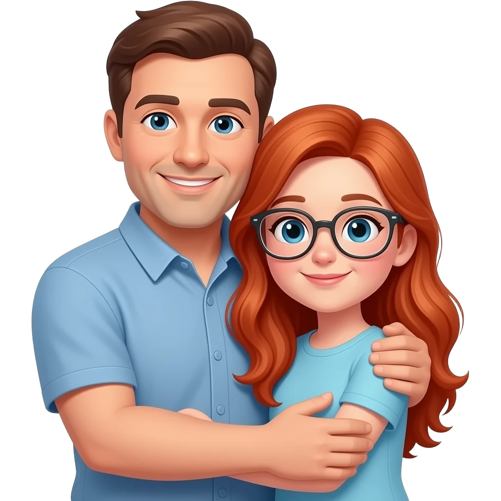 a dad and 13 year old girl hugging girl has long red hair CLEAR glasses emoji