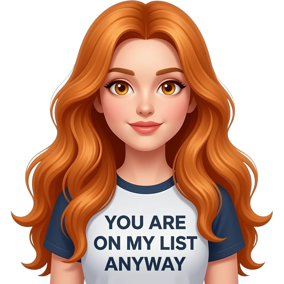 sexy girl with overlong ginger hair and ginger eyes a top with ... you are on MY LIST anyway written on it emoji