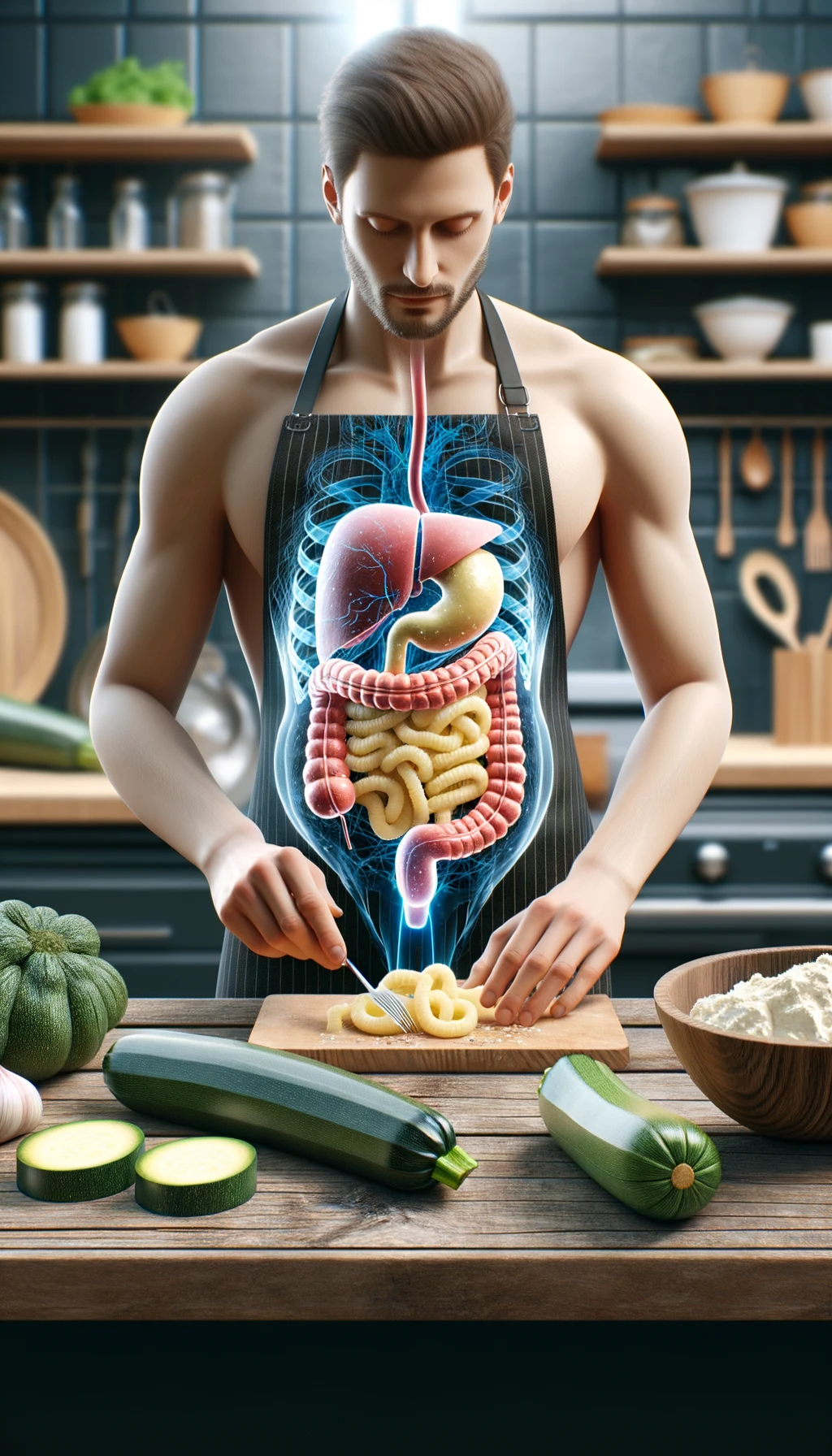 corpo umano con capelli corti con grembiule nero che cucina una ricetta con zucchine, gnocchi e ricotta, intestino realistico in evidenza, cucina sfocata sullo sfondo emoji