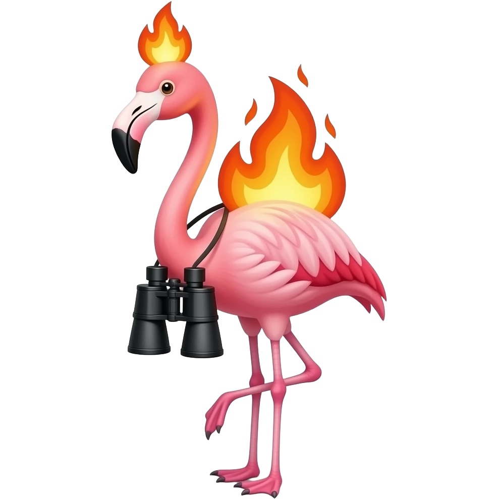 Flamingo with a fire on him and binoculars emoji
