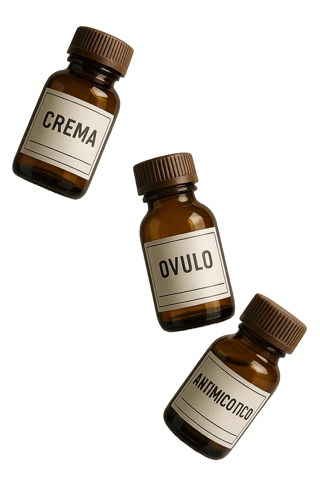 boccette di farmaci fluttuano in aria con le scritte: crema, ovulo o antimicotico in italiano sulle etichette, IPERREALISTICO 4K emoji