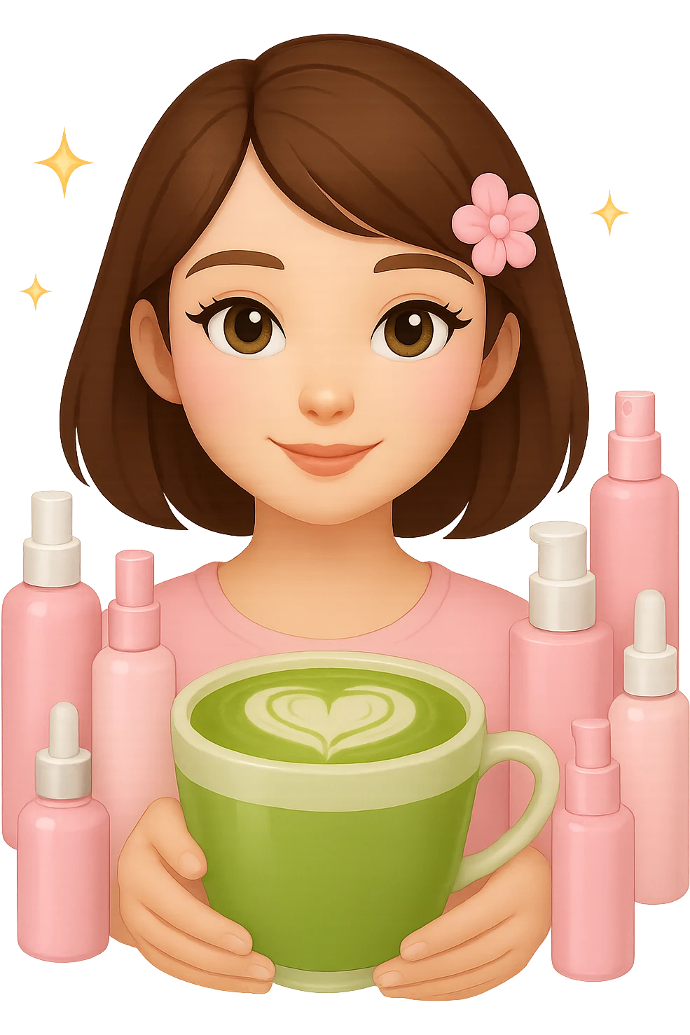 Create an Apple emoji style profile picture of a girl with short dark brown hair and brown eyes, pink soft girl aesthetic, holding a matcha latte, surrounded by pink skincare and makeup, sparkles, with a different accessory such as a hair clip or headband. The style should mimic Apple emojis with a soft and polished look. emoji