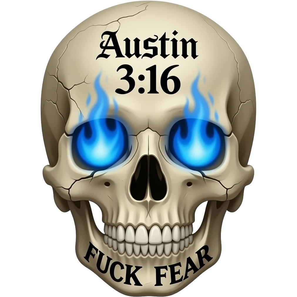 Forward facing, cracked, human skull, skull pieces missing, FUCK FEAR carved on jaw, same gothic font, slightly open, teeth slightly chipped, Austin 3:16 stacked, carved in forehead, eye & nose cavity with intense blue flames, words in a BLACK GOTHIC FONT, entire skull is aged, sun dried, weathered emoji