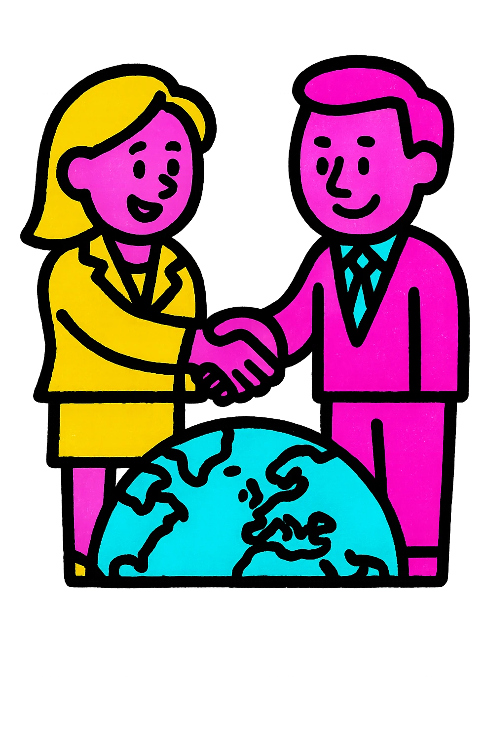A lively and playful icon of two businesspeople shaking hands over a world map emoji