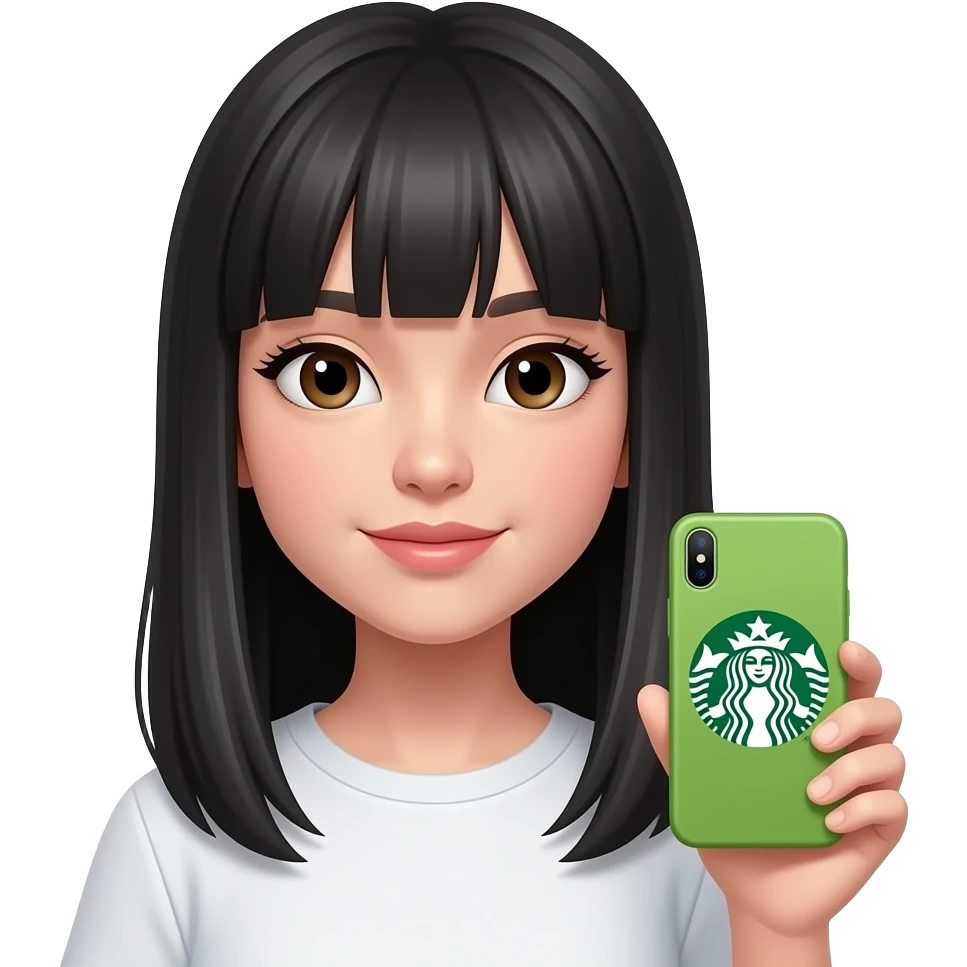 baddie asian girl with slight hooded eyes with thin straight eyebrows long natural lashes high bridged nose and big lips and waist length pin straight hair with clean girl clothes holding matcha starbucksiphone emoji lookalike emoji